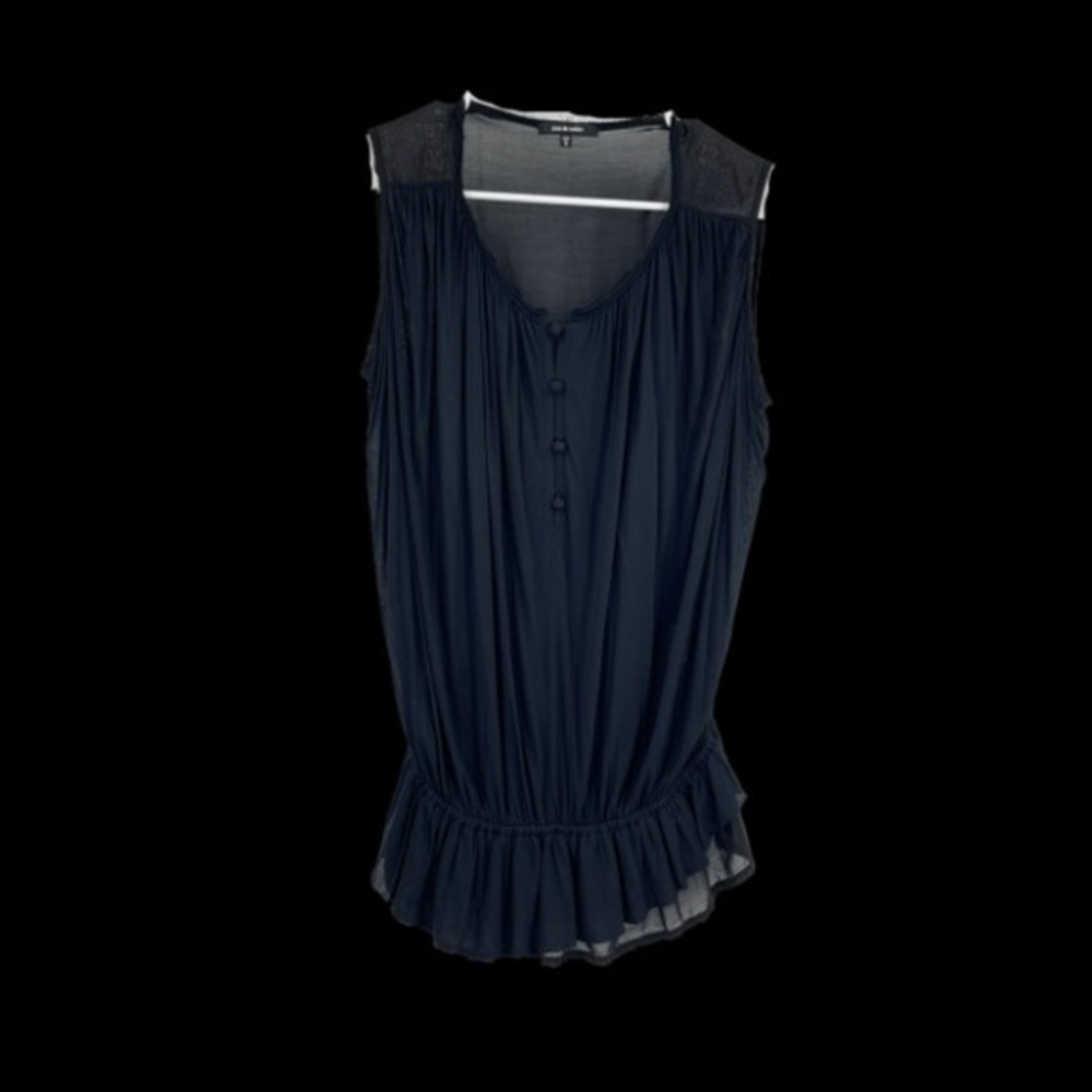 Pas de Calais Blouse Black Button Front Sleeveless‎ Gathered Waist Sheer Size S